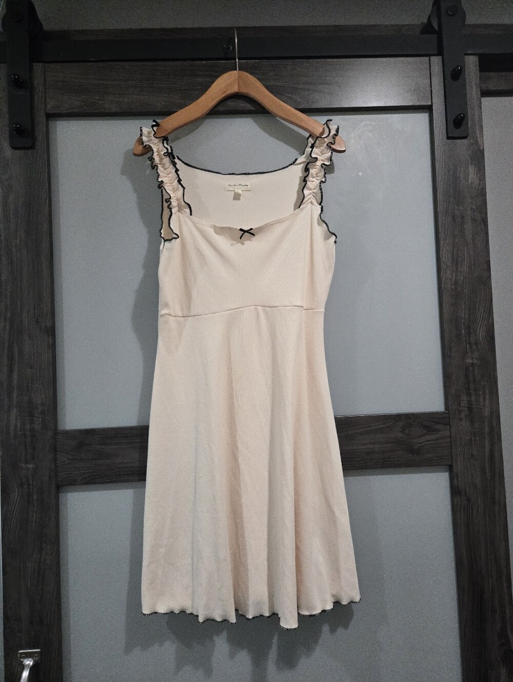 See You Monday Ribbed Knit Fit & Flare Dress Cream Black Trim Ruffle straps XL